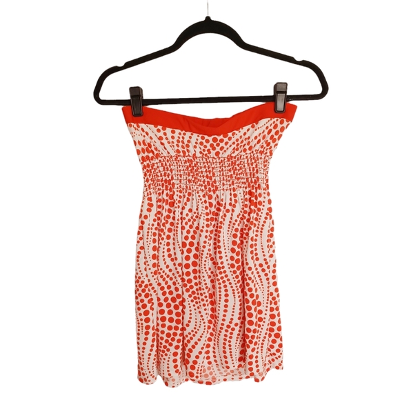 WET SEAL Red Polka Dot Wave Swirl Print White Strapless Smocked Top Small - Picture 2 of 7